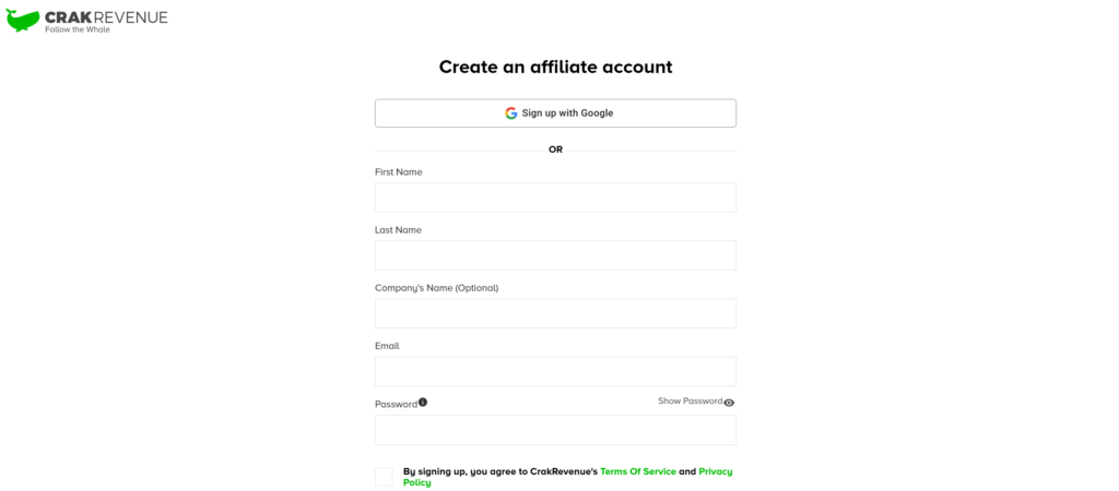 Registration on the CrakRevenue affiliate network