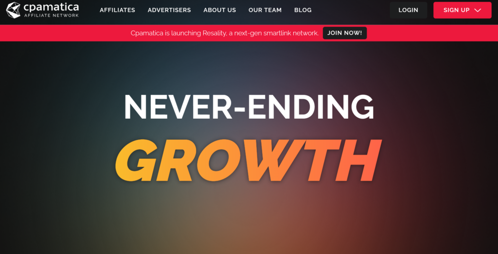 Overview of Cpamatica affiliate network
heroscreen of landing page of Cpamatica affiliate network