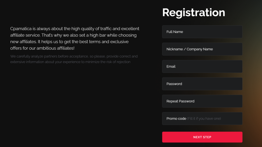 Registration on the Cpamatica affiliate network