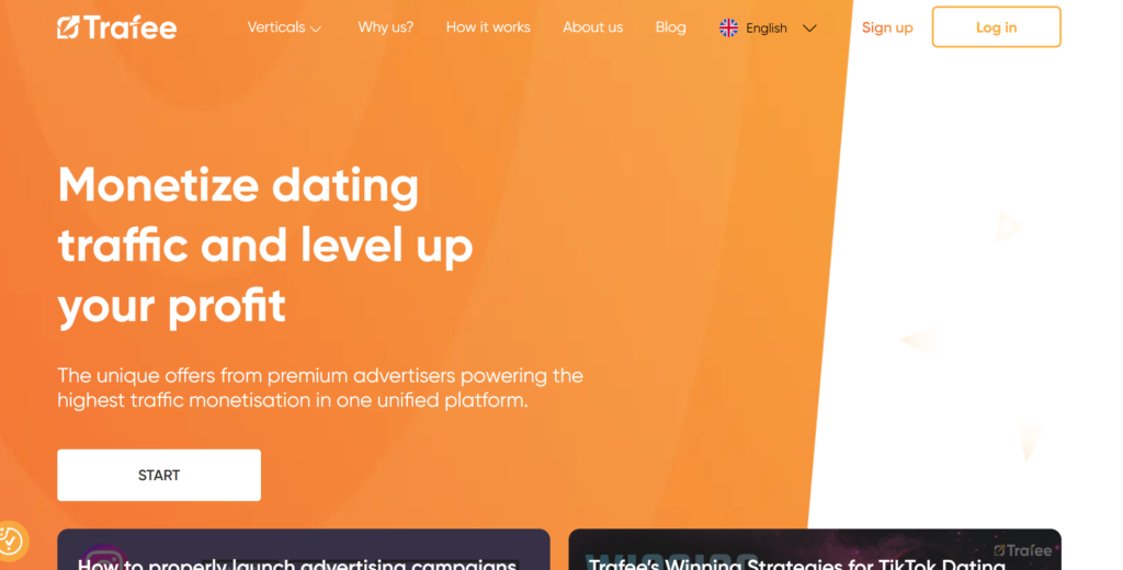 Overview of Trafee affiliate network
heroscreen of landing page of Trafee affiliate network