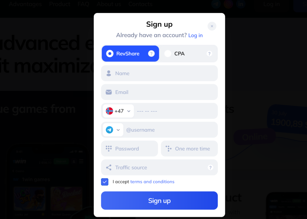 Registration on the 1win Partners affiliate program