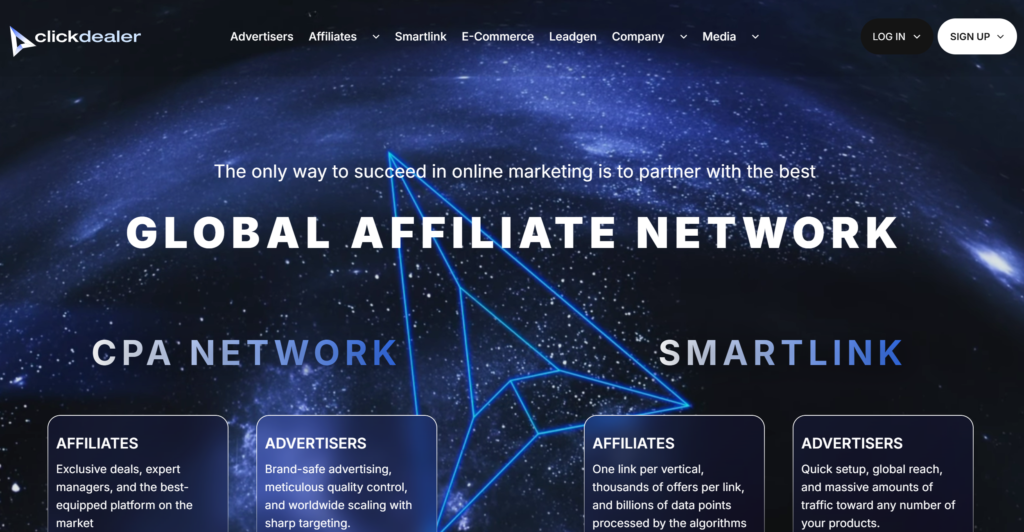 ClickDealer global affiliate network
ClickDealer  heroscreen of landing page