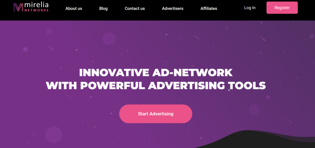 Overview of Mirelia Networks advertising network 
heroscreen of landing page of Mirelia Networks advertising network 