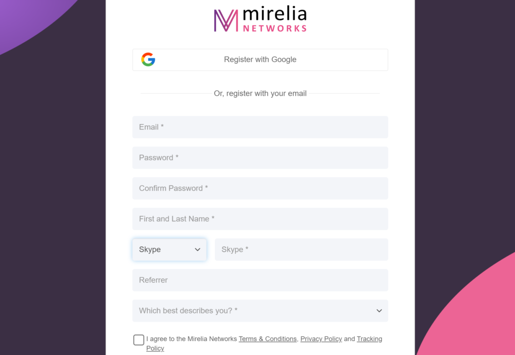 Registration on the Mirelia Networks advertising network
Sign up on the Mirelia Networks advertising network